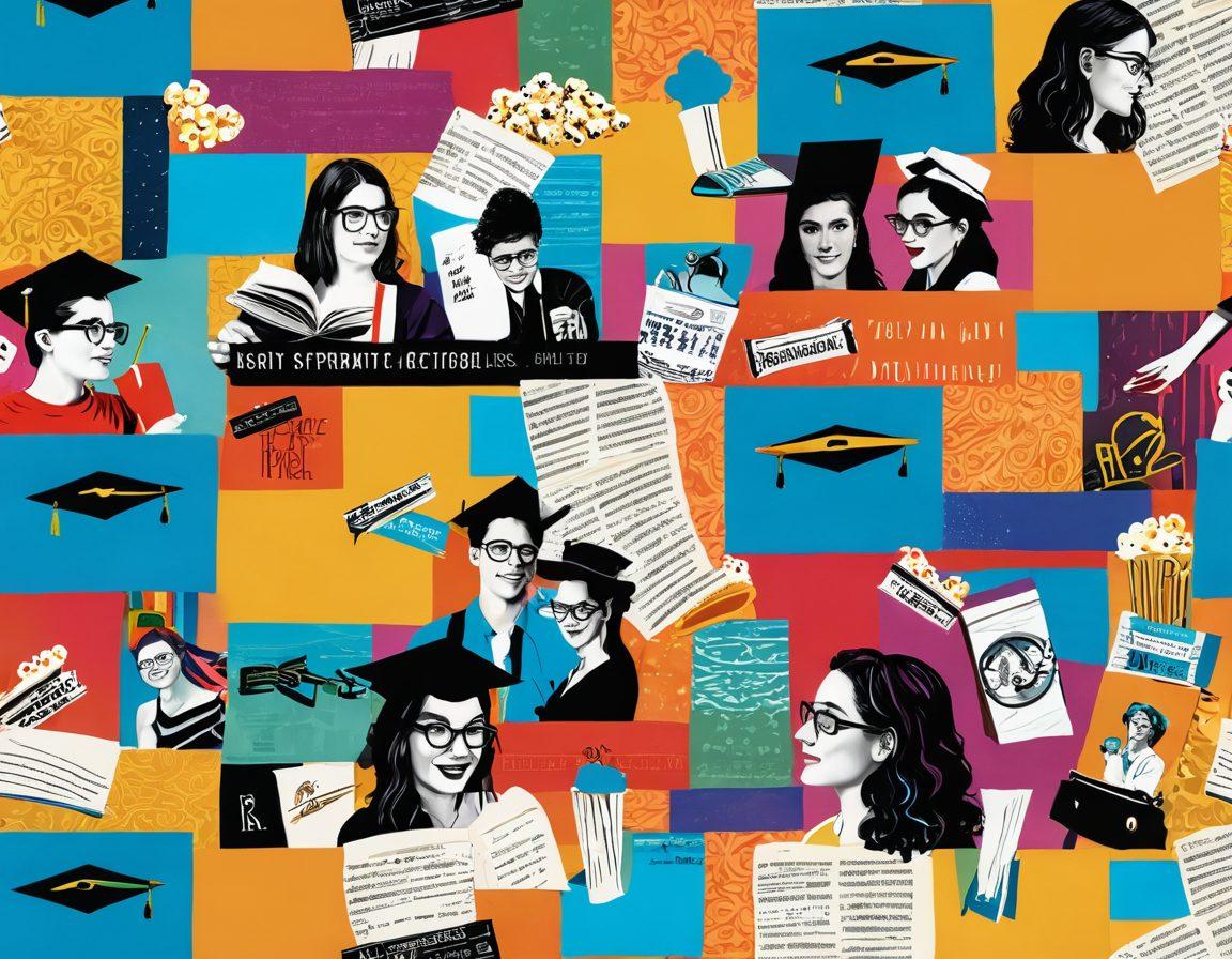 A whimsical and colorful collage depicting diverse adults engaging with various forms of media, such as books, movies, and online platforms, in a playful manner that highlights exploration of sexuality. Incorporate symbols of education like graduation caps, intertwined with fun elements like popcorn and film reels, all set in a vibrant atmosphere. Bright colors and dynamic compositions to evoke curiosity and openness. digital art. vibrant colors. whimsical style.