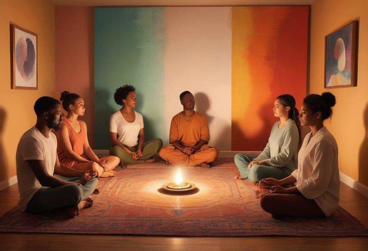 A tranquil scene depicting a diverse group of adults engaging in various forms of intimate connection—meditating, discussing, and sharing creative expressions in a serene, softly lit environment. Emphasize inclusivity with representations of different genders, body types, and ethnicities. The background features abstract art that symbolizes the journey of self-discovery and intimacy. super-realistic. vibrant colors. warm ambiance.